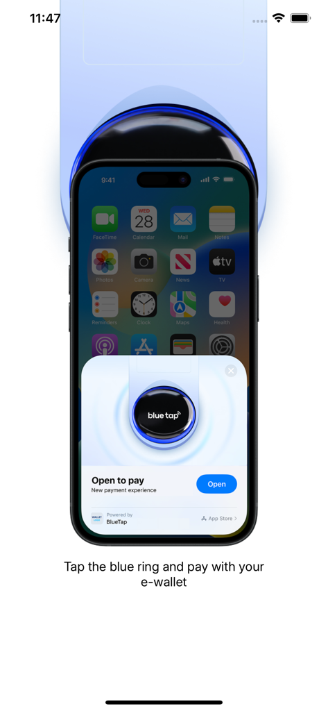 Smartphone screen showing the Bluetap app contactless payment prompt over a blue ring terminal.