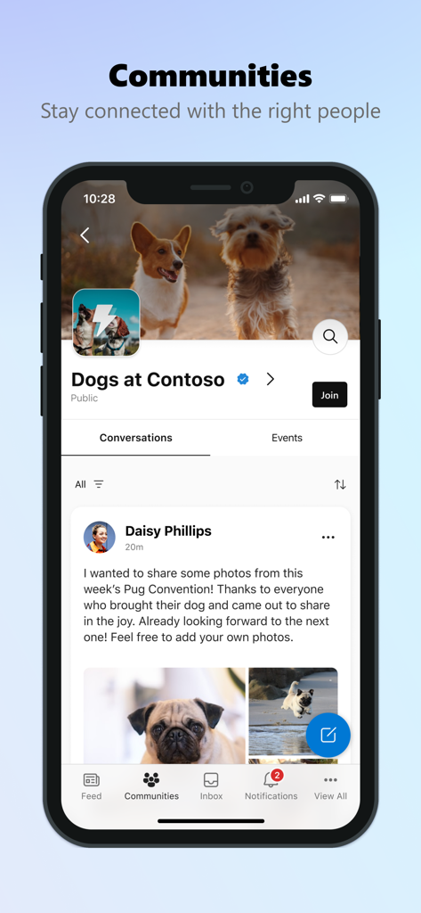 Viva Engage mobile app interface showing a corporate community feed with a social post about dogs.