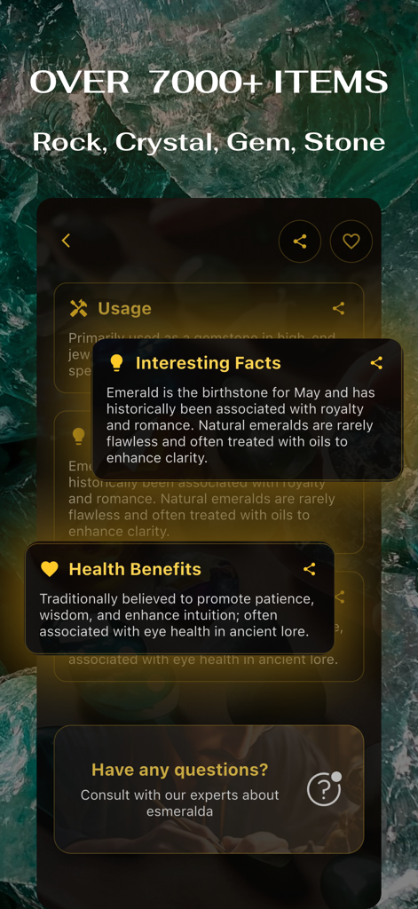 Rocks: Gemstone Identifier AI - Gemstone identifier app displaying emerald interesting facts and health benefits