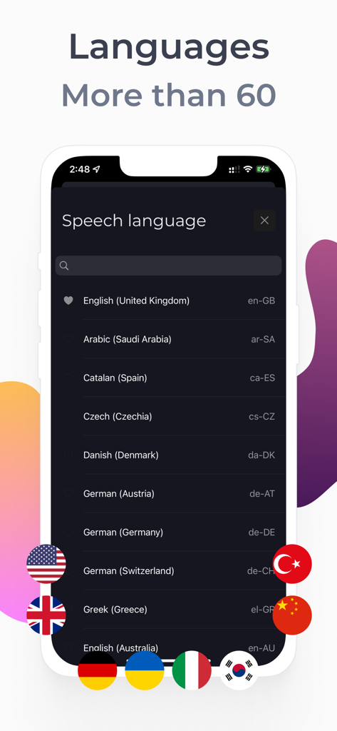 Transkriptor Voice To Text - Screenshot of the Transkriptor app displaying a list of over 60 supported speech recognition languages with colorful flag icons.