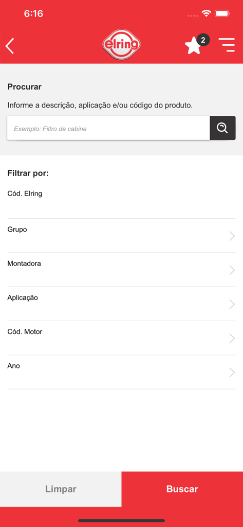 Catálogo Elring - Das Original - Interfaccia di ricerca e filtro dell'app del catalogo ricambi auto Elring