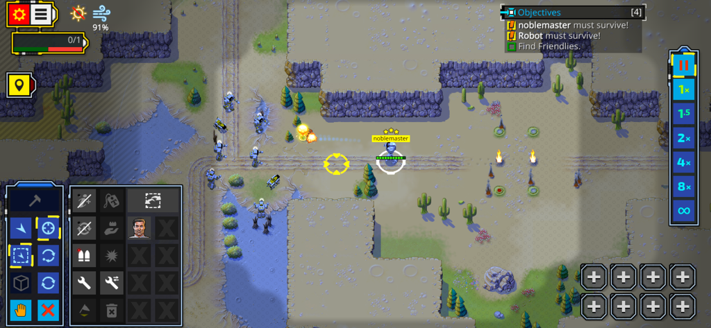 Retro Commander - Top-down real-time strategy gameplay of Retro Commander showing mechs and mission objectives on a tactical map.