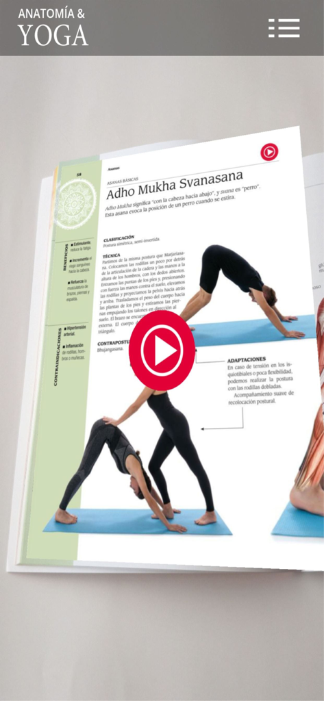 Anatomy and Yoga AR app showing a video tutorial for downward dog pose