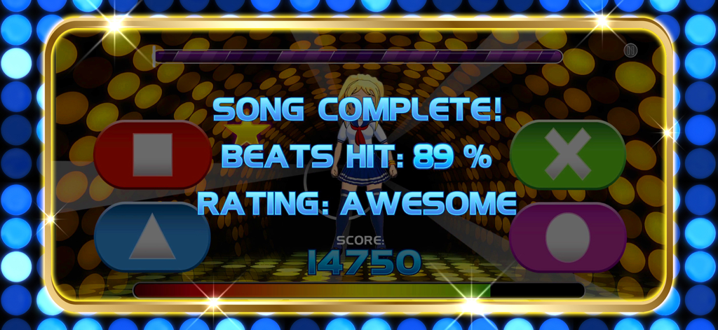 Caramella Girls Game - Caramella Girls Gameの曲完了画面、Awesome評価とヒットしたビートの89％が表示されています