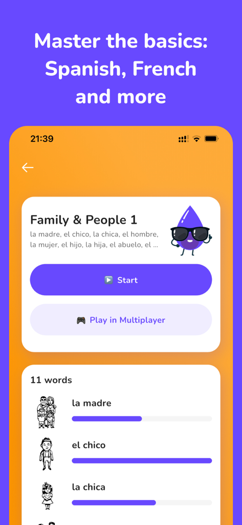 Interface of Elingo app displaying a Spanish vocabulary lesson for family and people with illustrations and progress bars