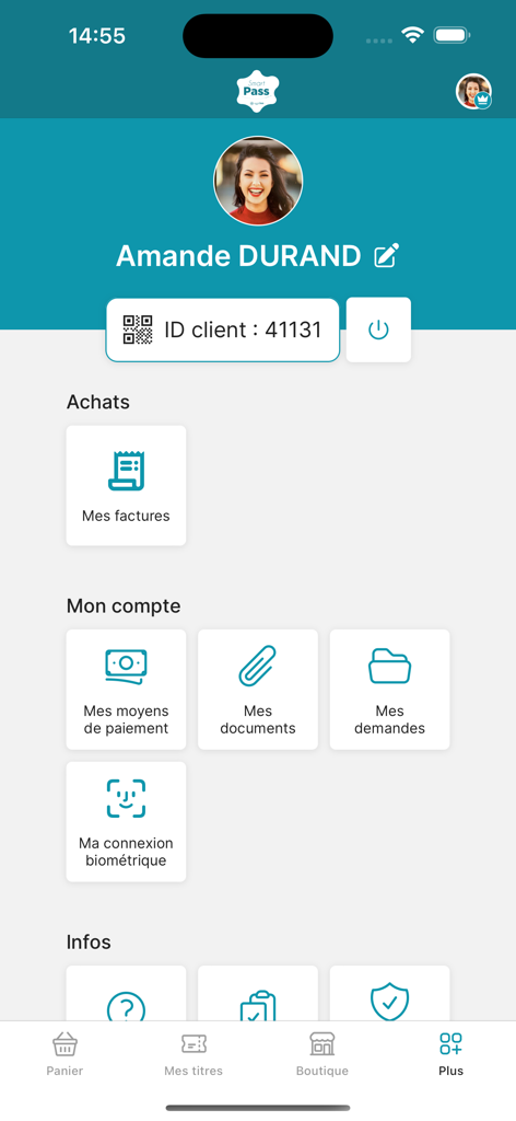 Smart Pass - User profile interface of the Smart Pass app for public transit showing account management and client ID.