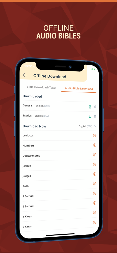 Holy Bible - Multilingual App - Holy Bible app screen showing the offline audio download section with a list of downloadable bible books