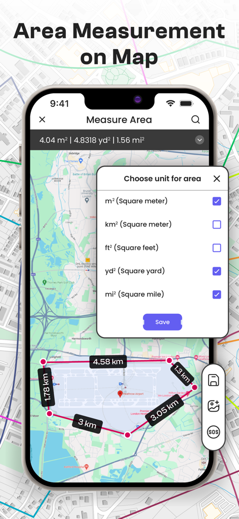 GPS Fields Area Measure on Map - Ferramenta de medição de área de mapa GPS mostrando seleção de unidades para cálculo de terra
