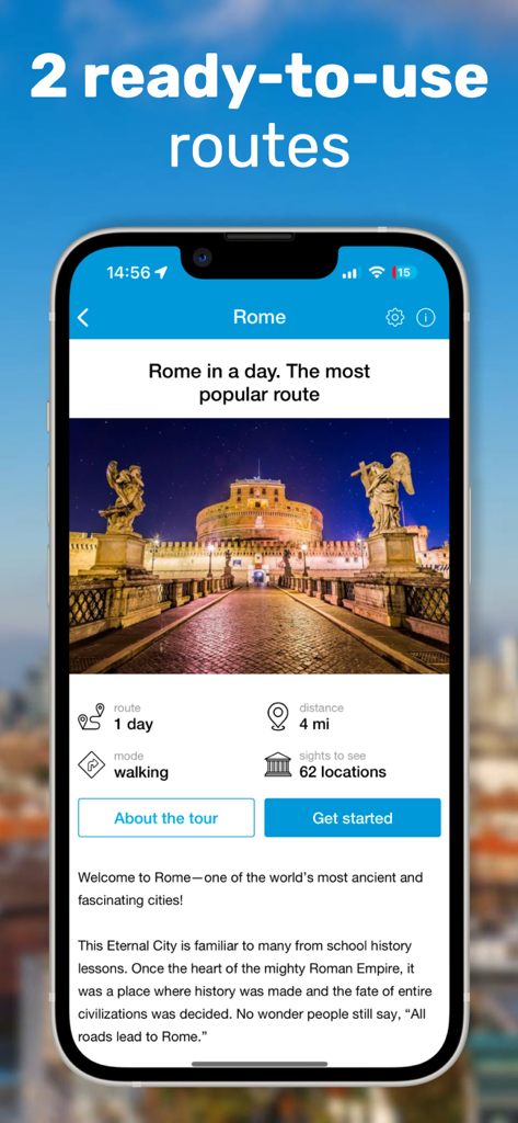 Mobile app screen showing the Rome in a day walking tour route with details for 62 locations