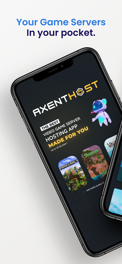 AxentHost - AxentHost mobile app interface showing video game server hosting options for Minecraft and Terraria