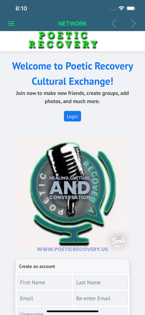 POETIC RECOVERY RADIO - Welcome screen of the Poetic Recovery app featuring a registration form and community hub logo.