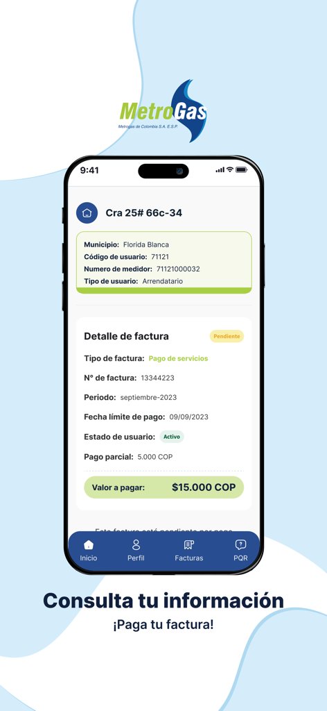 MetroApp - Interface MetroApp affichant les informations de la facture de service de gaz et le montant du paiement