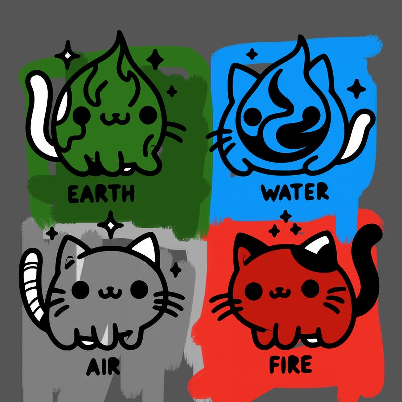 4 cats that represent the different elements, earth, water, air, and fire
