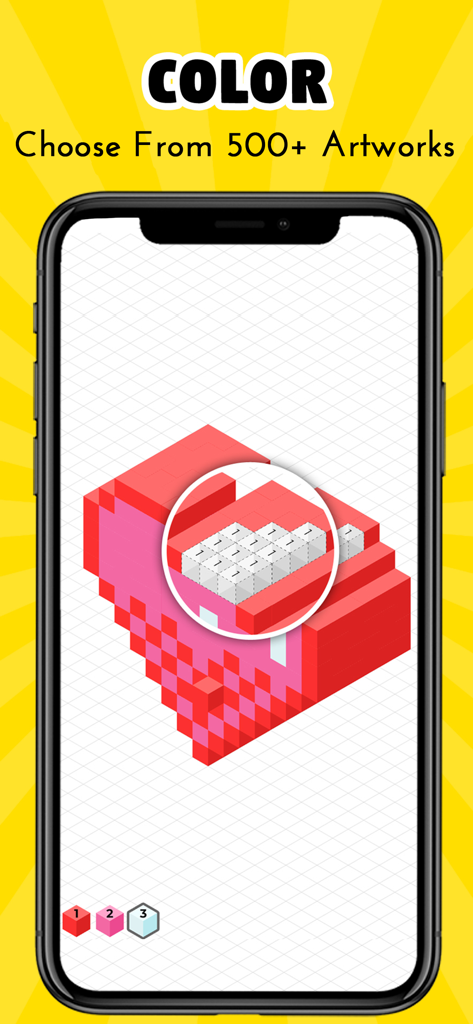 Una pantalla de smartphone mostrando un corazón de arte de píxeles 3D siendo coloreado por número en la aplicación Creato.