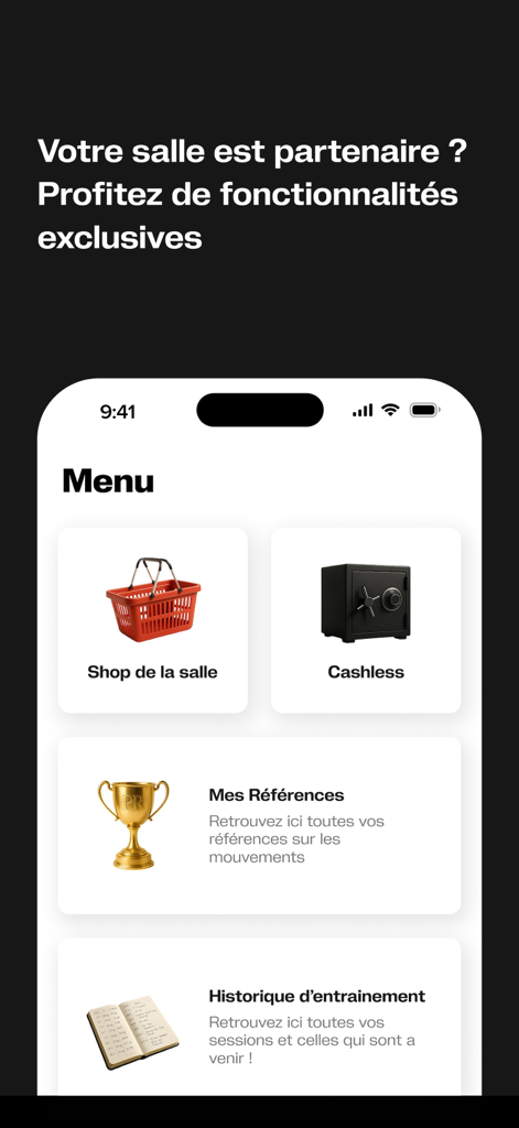 Peppy | Réservez simplement - Menú de la aplicación Peppy que muestra funciones exclusivas del gimnasio como tienda, pagos sin efectivo e historial de entrenamiento.