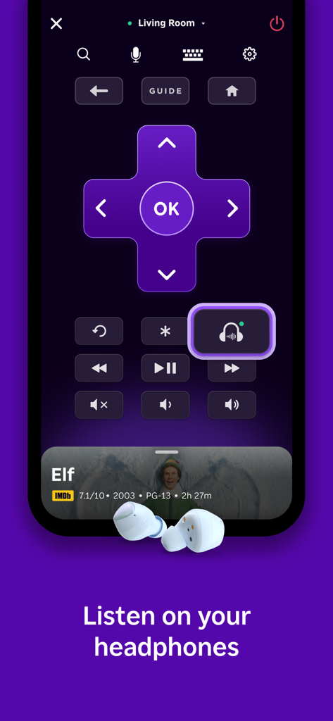 The Roku App interface highlighting the private listening feature with wireless headphones.