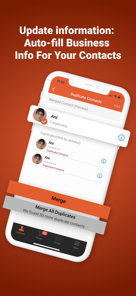 Easy Cleaner. - Interface de l'application Easy Cleaner pour fusionner les contacts en double et remplir automatiquement les informations professionnelles