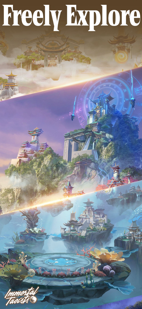 Immortal Taoists-MUD Wuxia - A vertical image showing three horizontal panels of different fantasy landscapes from Immortal Taoists including mystical mountain palaces and ethereal shrines under the text Freely Explore