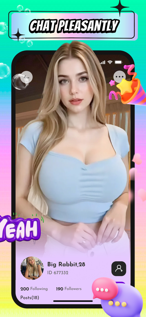 Video,Chat，Online Call - Glifa - Interfaz de la aplicación Glifa que muestra un perfil de usuario para redes sociales y chat.