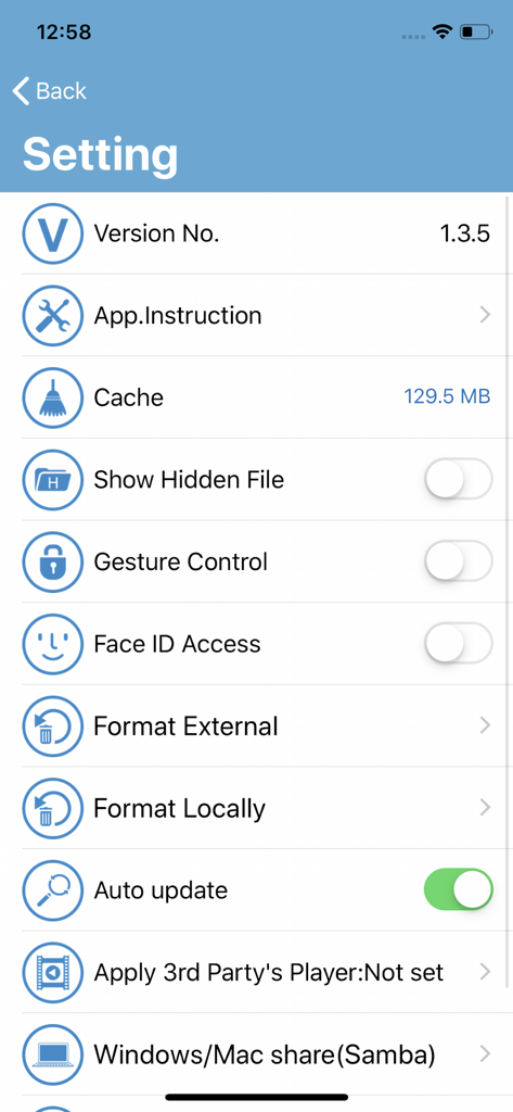 i-FlashDevice HD - ファイル管理とセキュリティオプションを備えた、i-FlashDevice HDアプリ設定画面のスクリーンショット。