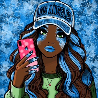 realistic beautiful girl wearing los ángeles cap holding an iphone
