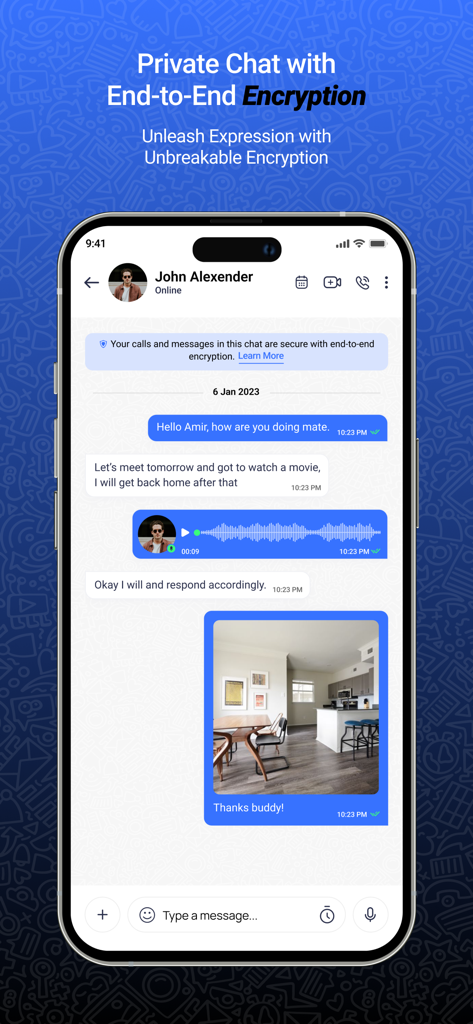 Comera - Comera mobile app screen displaying a private chat with end-to-end encryption and multimedia sharing.