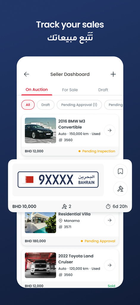 Mazad - Auctions, Buy & Sell - Seller dashboard on Mazad app displaying tracked auction listings for cars and real estate