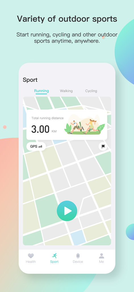 Keep Health - Keep Health 앱 화면, GPS 지도 및 거리가 포함된 야외 달리기 추적 표시