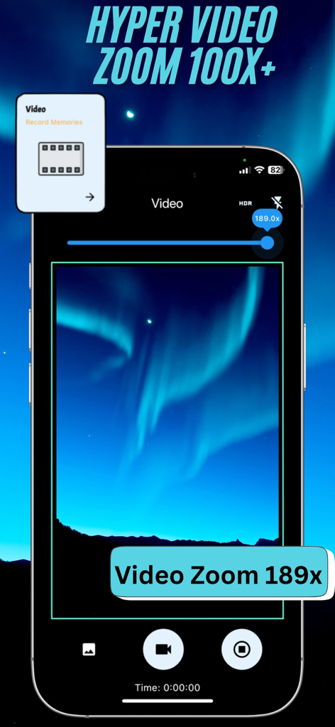 Hyper Camera Ultra Zoom 100x - Hyper Camera app interface showing 189x video zoom on a night sky