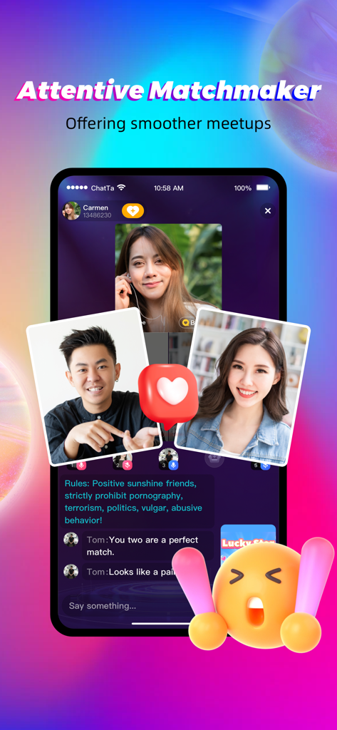Smartphone screen showing the Chatta app live matchmaker feature with a three-party video chat room for social discovery.