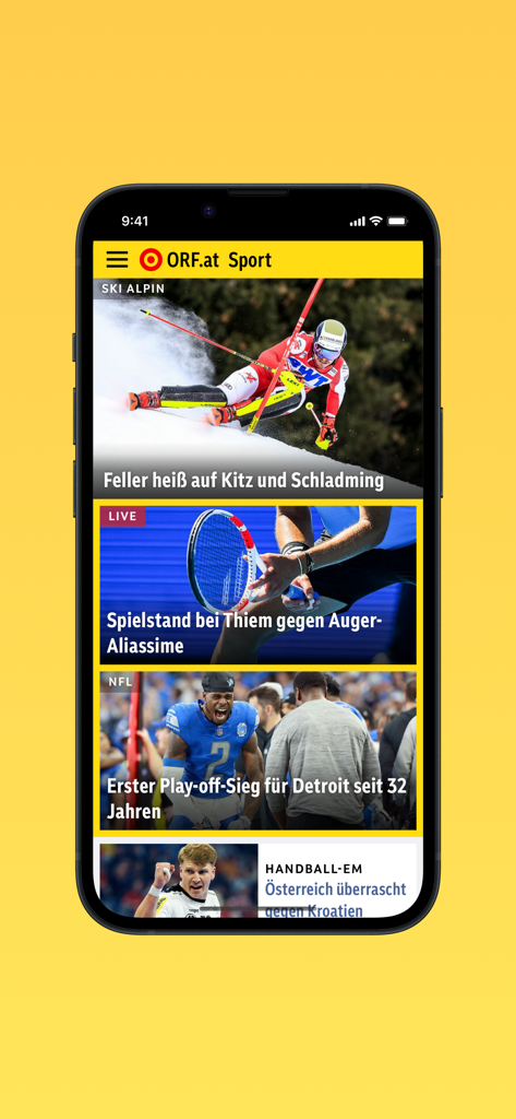 ORF.at Sport - Il feed di notizie principale dell'app ORF.at Sport che mostra titoli per sci, tennis e NFL in tedesco.
