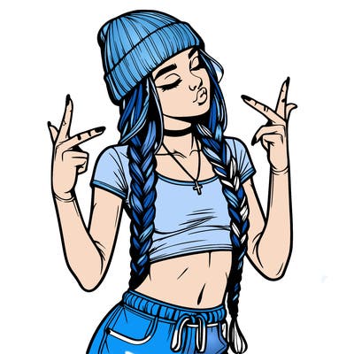 realistic teenage girl with braids and a beanie and crop top doing 🫶🏼