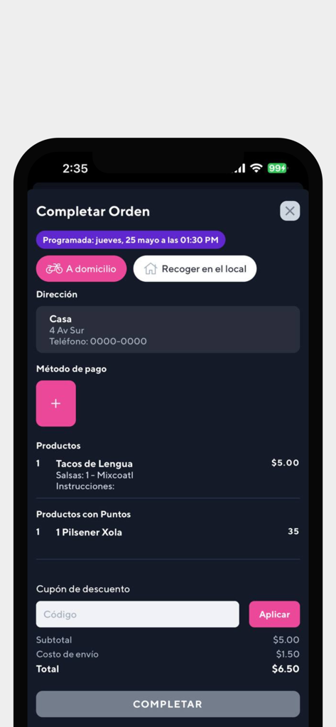 Xolos Mexican Food - Checkout screen of the Xolos Mexican Food app showing order details for delivery of tacos and a drink