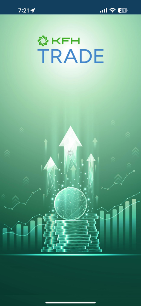 KFH trade - KFH Trade app splash screen showing financial market growth icons and upward arrows