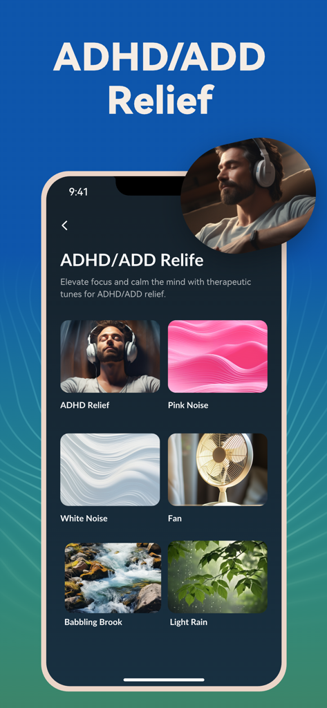 Interfaccia mobile dell'App Sonora ADHD che mostra vari paesaggi sonori come rumore bianco e pioggia per la concentrazione e il rilassamento.