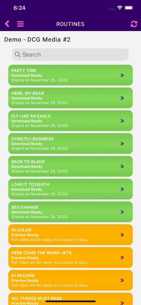 Dakiki - by DanceComp Genie - List of dance routines in the Dakiki app showing download and preview status for performance media