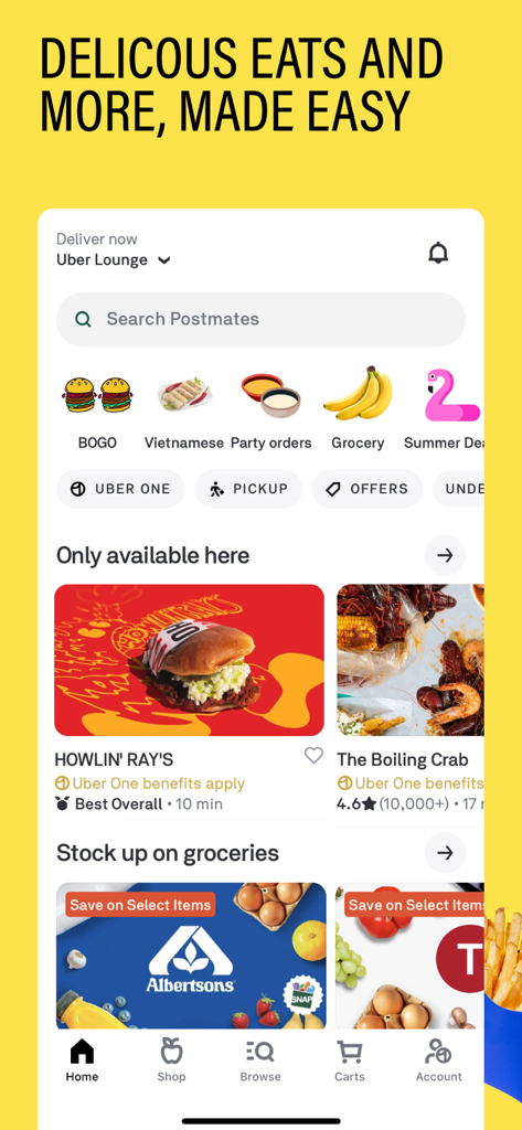 Postmates app home screen showing various food and grocery delivery categories and store options