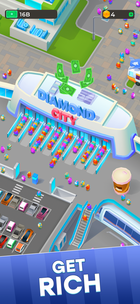 Diamond City: Idle Tycoon - Stilisierte 3D-Grafik von Diamond City, die den futuristischen Eingang mit Besucherwarteschlangen und einem Werbebanner 'Werde reich' zeigt