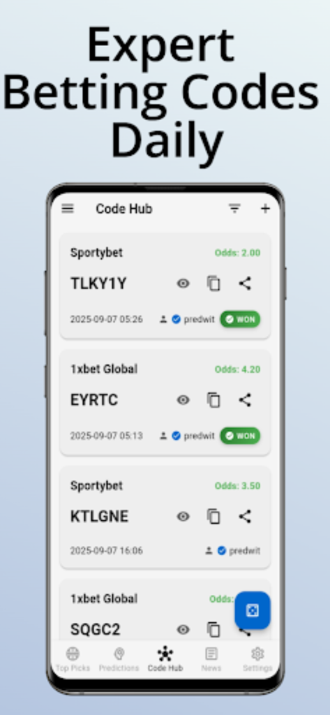 Predwit - Predwit app interface showing daily expert sports betting codes and odds