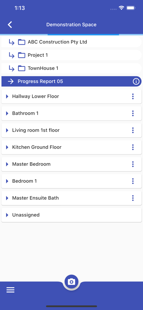 Report & Run: Integrate - Estructura de directorio organizada para un informe de progreso de construcción en la interfaz de la aplicación.