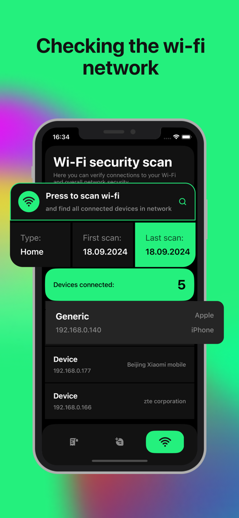 Interface of the Safe In Way app showing a Wi-Fi security scan with connected devices list
