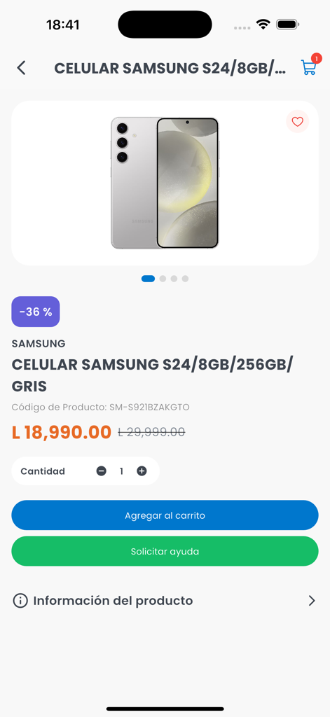 DIUNSA HN - Product page for a Samsung S24 smartphone in grey on the DIUNSA mobile app featuring a 36% discount and add to cart button.