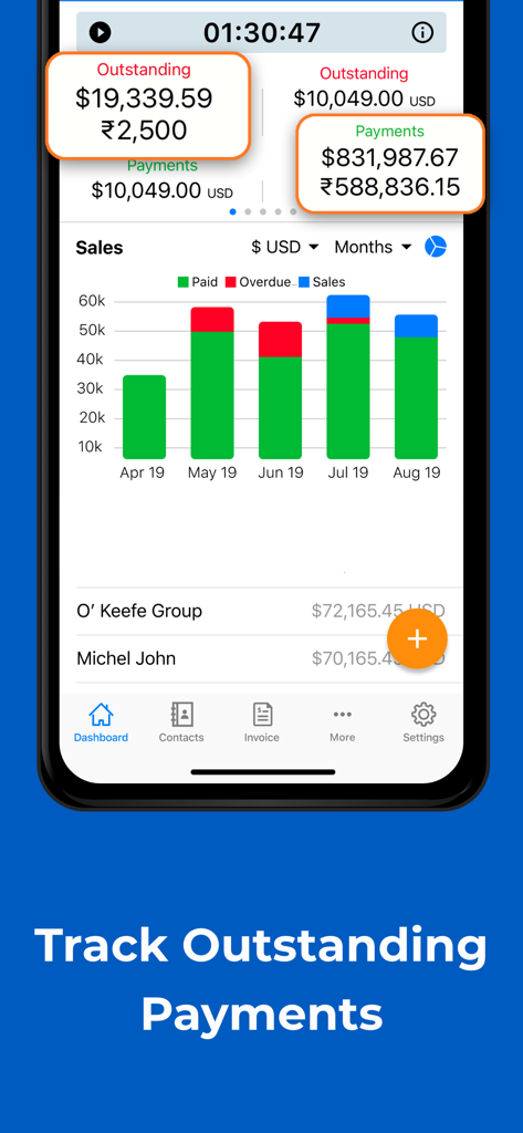Tableau de bord de l'application mobile Moon Invoice affichant les paiements en attente et le graphique d'analyse des ventes mensuelles