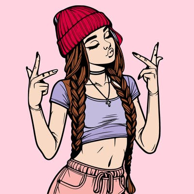 realistic teenage girl with braids and a beanie and crop top doing 🫶🏼