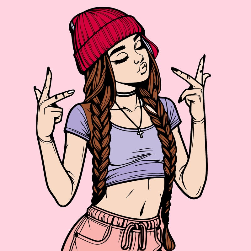 realistic teenage girl with braids and a beanie and crop top doing 🫶🏼