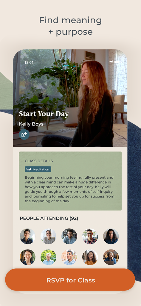 Sounds True One - App interface displaying a morning meditation class with an RSVP option and community members attending