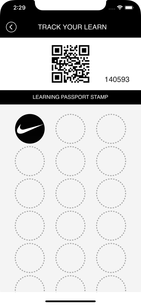Nike Learning Passport - Oberfläche der Nike Learning Passport App mit einem QR-Code und einer digitalen Stempelkarte zur Verfolgung des Trainingsfortschritts