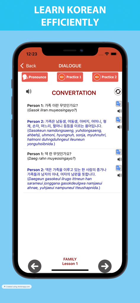 Talk to me in Korean - Korean language learning app screen showing a dialogue lesson with speaking practice options