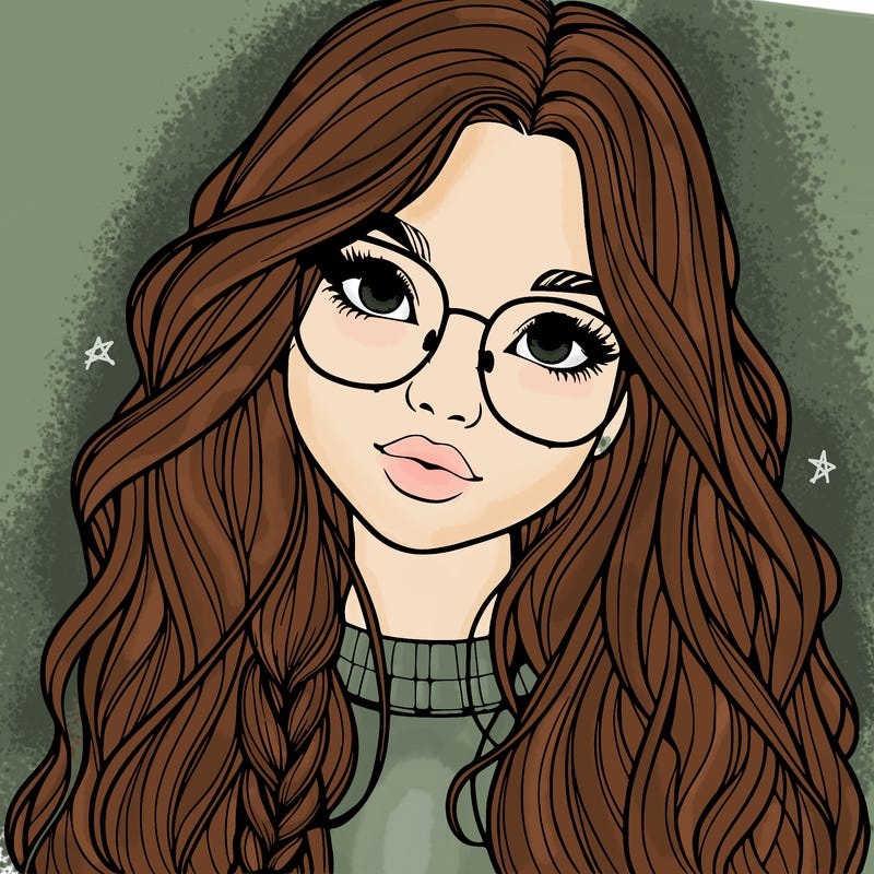 girl with long hair and freckles and glasses realistic