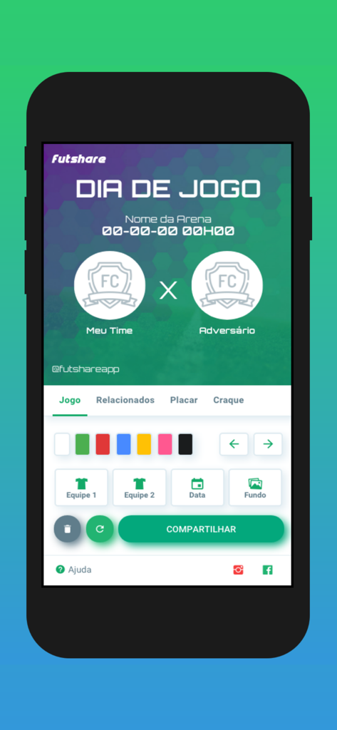 Futshareアプリのインターフェース。チームロゴと試合詳細を含むサッカーの試合日グラフィックの作成を表示